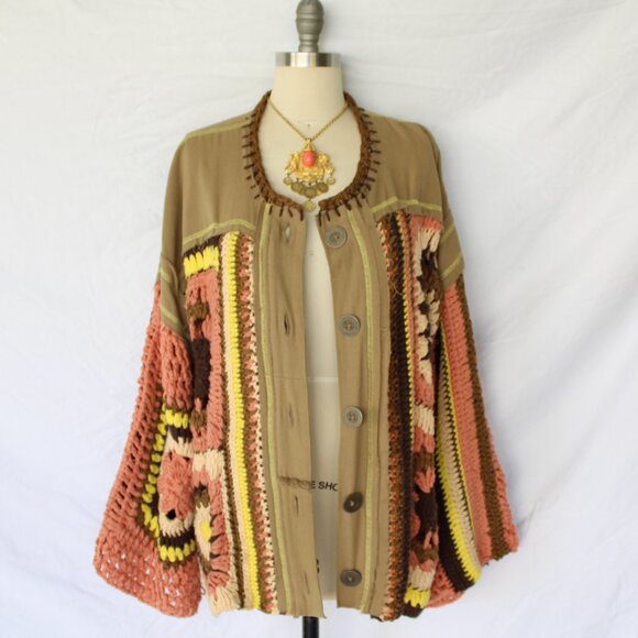 Free People No Rain Jacket cardigan granny Crochet Square Pieced Patchwork LG - Picture 5 of 11